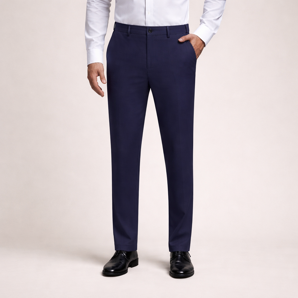 Een man die de Sten Trousers in een zakelijke omgeving draagt, de flexibiliteit en het comfort van de broek tijdens beweging tonend.