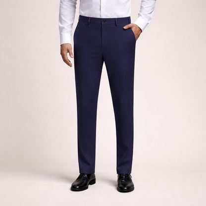 Een man die de Sten Trousers in een zakelijke omgeving draagt, de flexibiliteit en het comfort van de broek tijdens beweging tonend.
