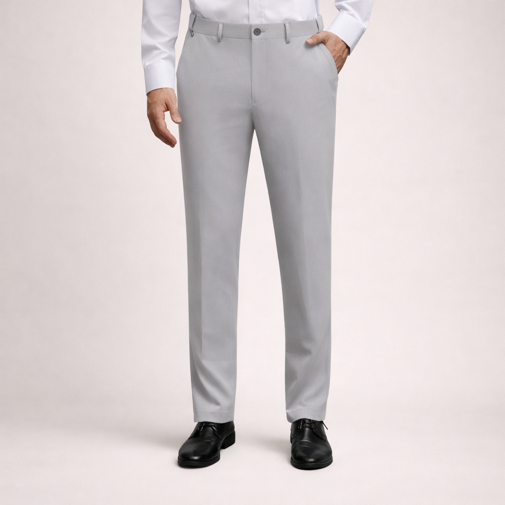 Textuurdetail van de stof van de lichtgrijze Sten Trousers, waarbij de fijne weving en de subtiele glans van het elastische materiaal zichtbaar zijn.