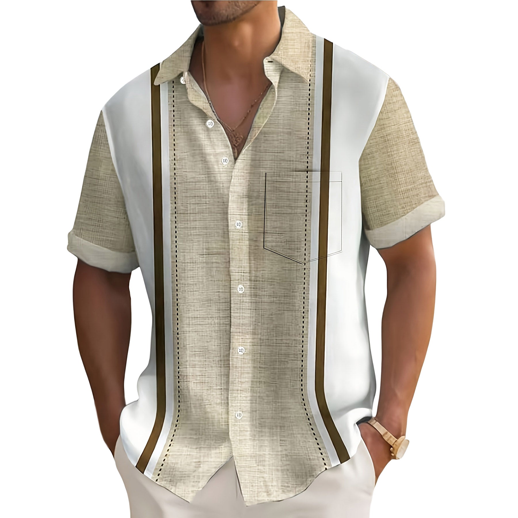 Zijaanzicht van het Stijn gestreepte resort overhemd in beige, dat de relaxte pasvorm en de kwaliteitsafwerking toont.