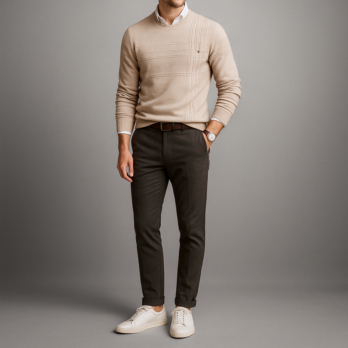 Zwarte slim fit sweater gecombineerd met een chino, voor een moderne en ingetogen elegante uitstraling.