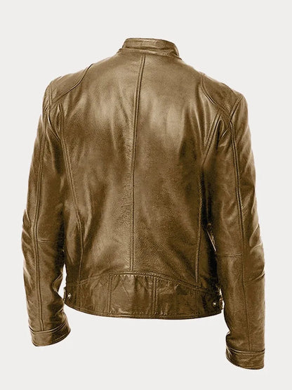 Grijze leren jas, volledig vooraanzicht, met geopende kraag en zichtbare binnenvoering.