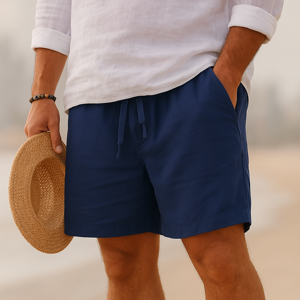 Willem katoen-linnen shorts in groen, close-up van de zijzak en de stiksels die de kwaliteit benadrukken.