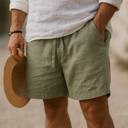Willem katoen-linnen shorts in marineblauw, achterkant van de shorts, met aandacht voor de achterzakken.