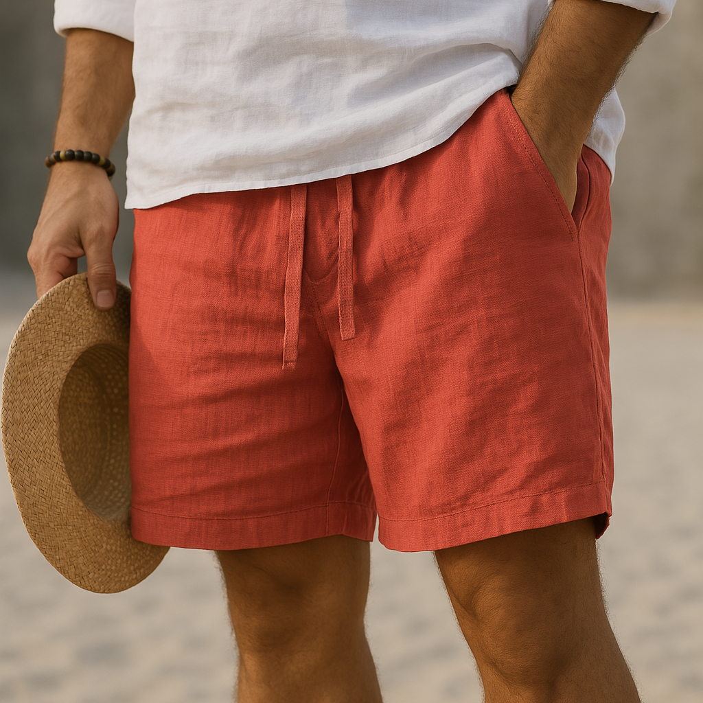 Willem katoen-linnen shorts in blauw, gedragen door een man die loopt aan het strand, casual en comfortabel.